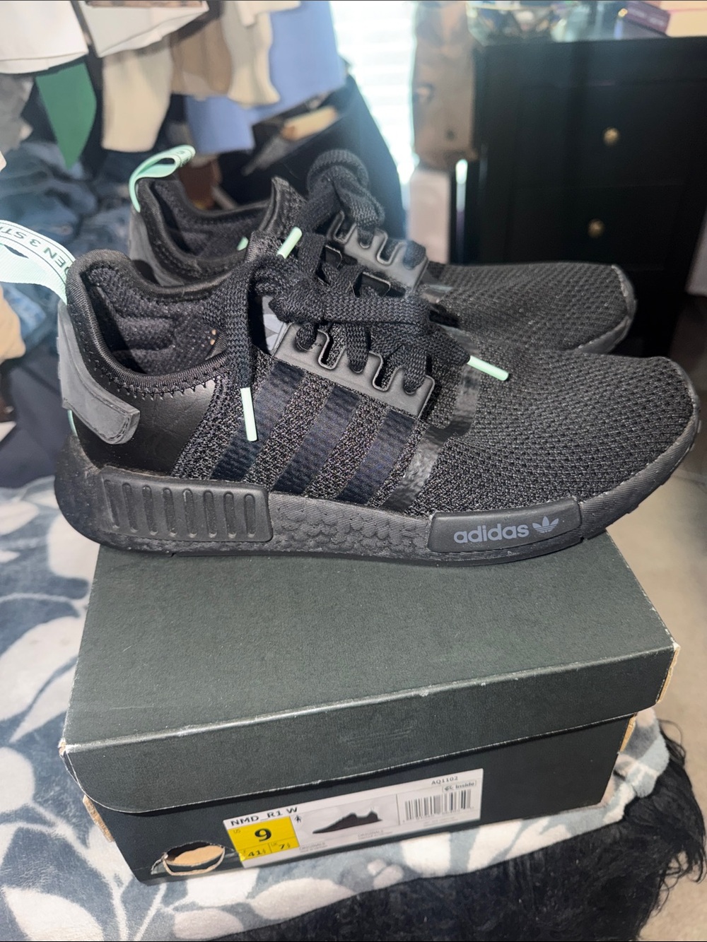 Adidas Black NMD R1 Sneakers with Mint Accents